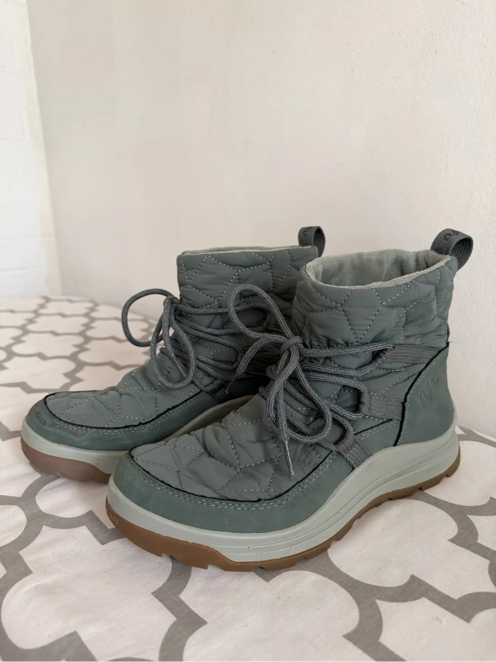 Ryka Quilted Lace-Up Ankle Boots in Sage Green with Brown Sole